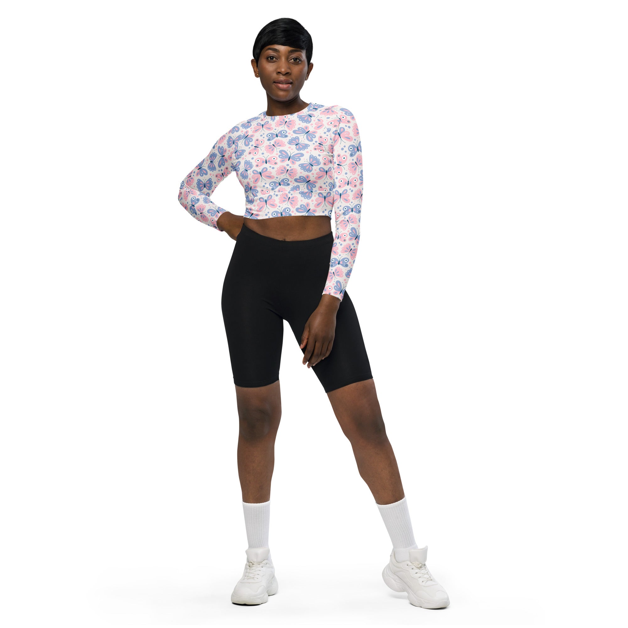 Women's Butterfly Print Long Sleeve Performance Crop Top