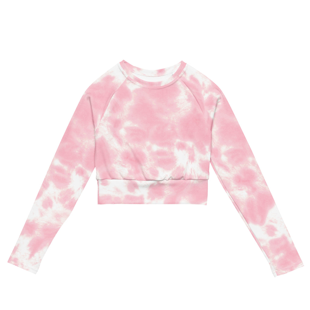 Women’s pink and white tie dye long sleeve performance crop top with rounded neckline and breathable fabric
