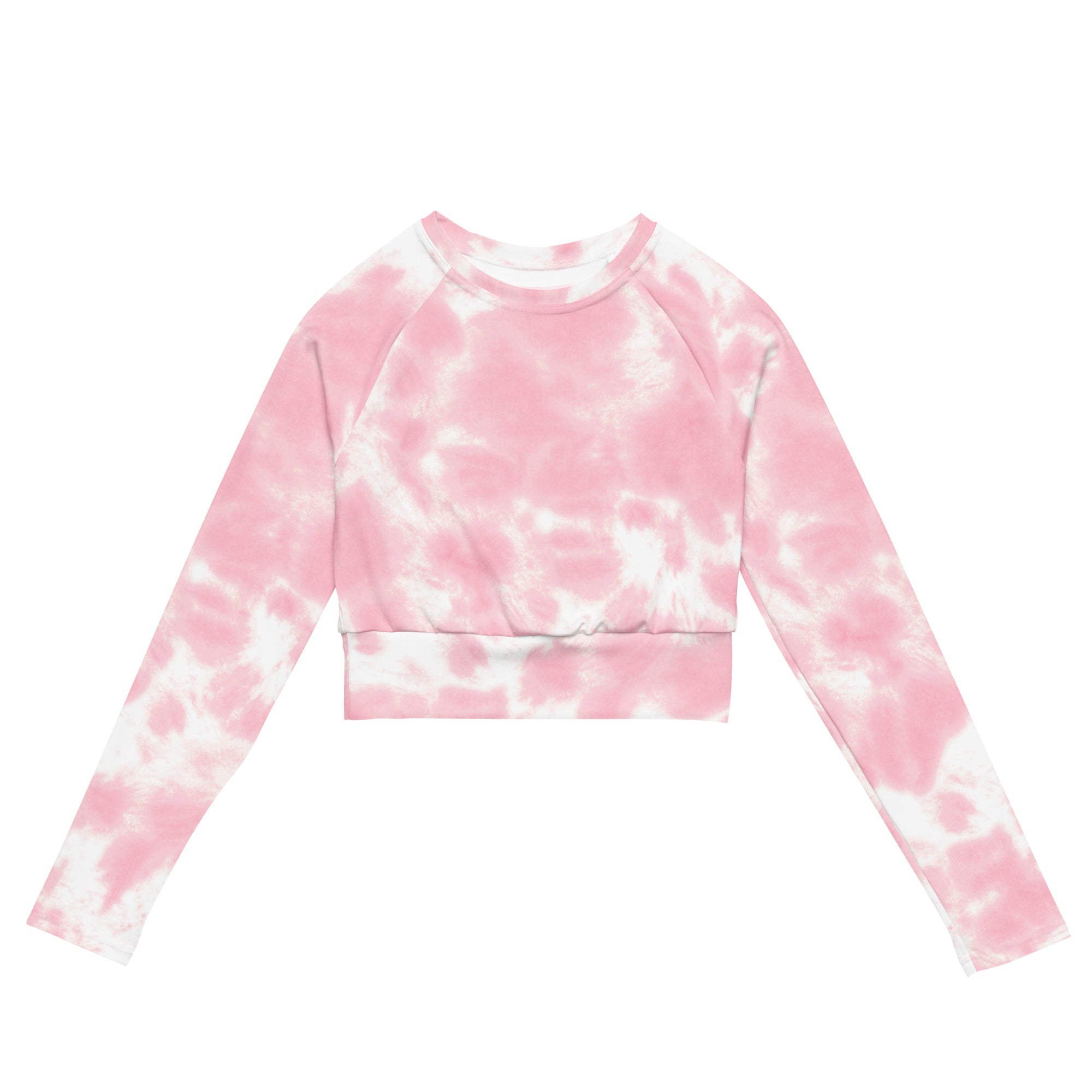 Women’s pink and white tie dye long sleeve performance crop top with rounded neckline and breathable fabric
