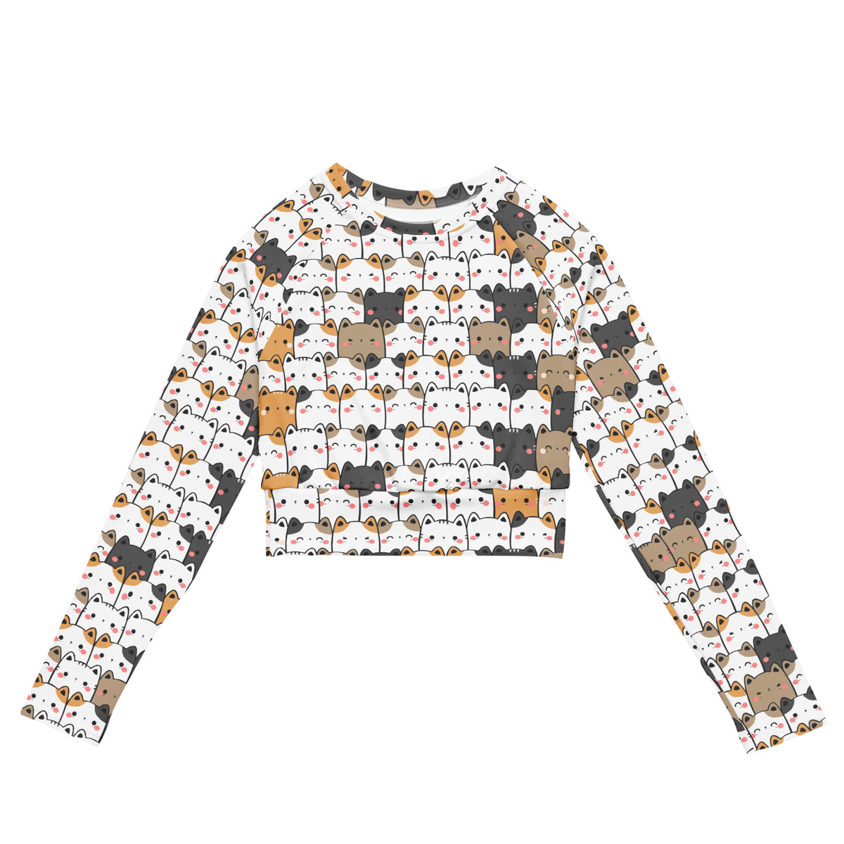 White long-sleeved crop top with colorful kawaii cartoon cat faces designed for women’s performance wear