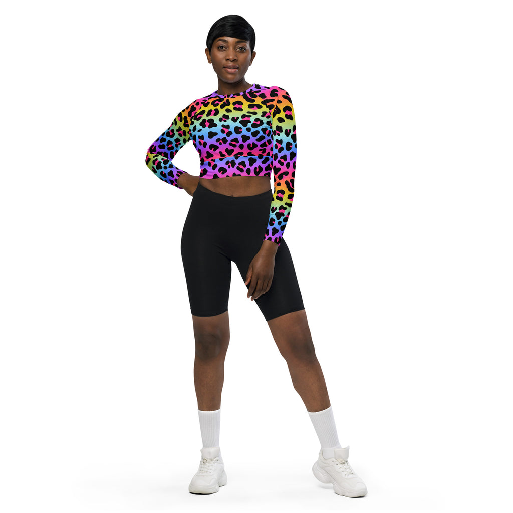Women's Rainbow Leopard Long Sleeve Performance Crop Top