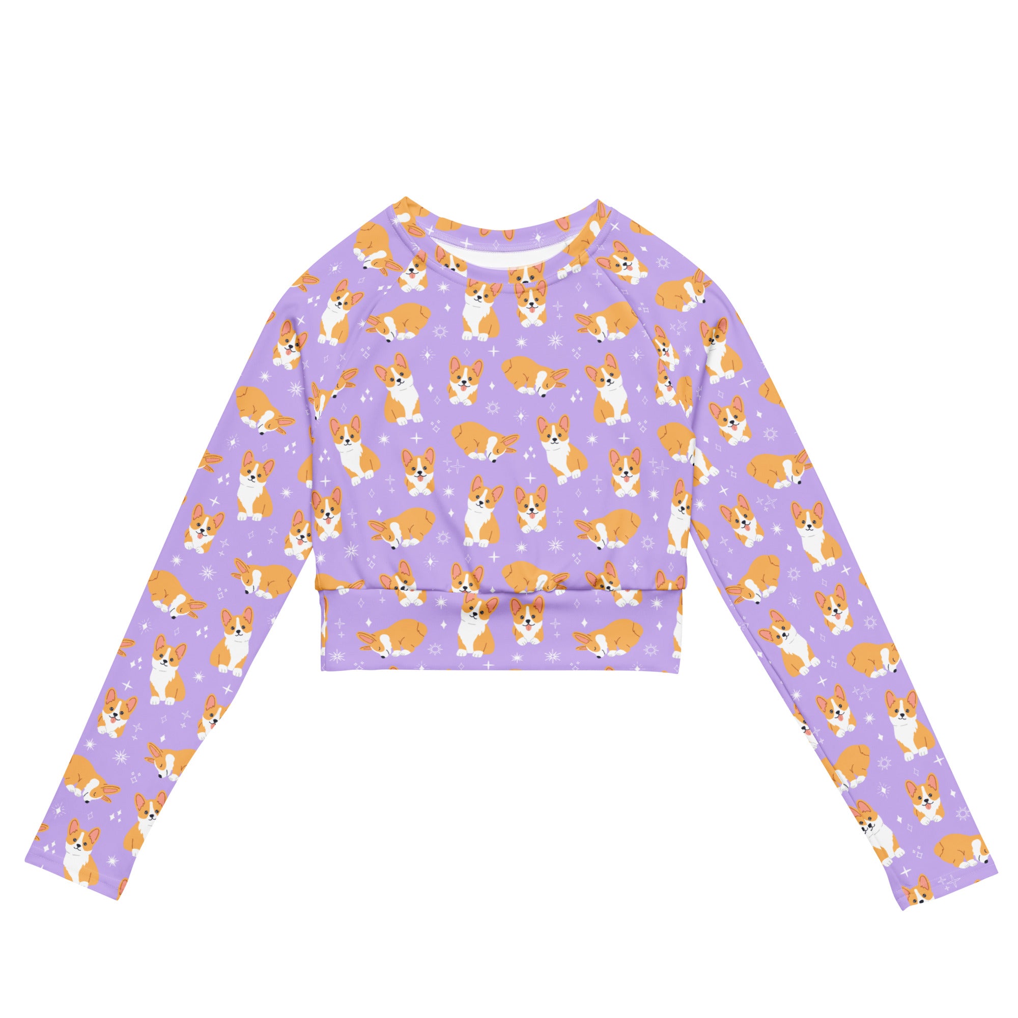 Women’s purple corgi dog long sleeve performance crop top with orange and white corgi pattern and star accents