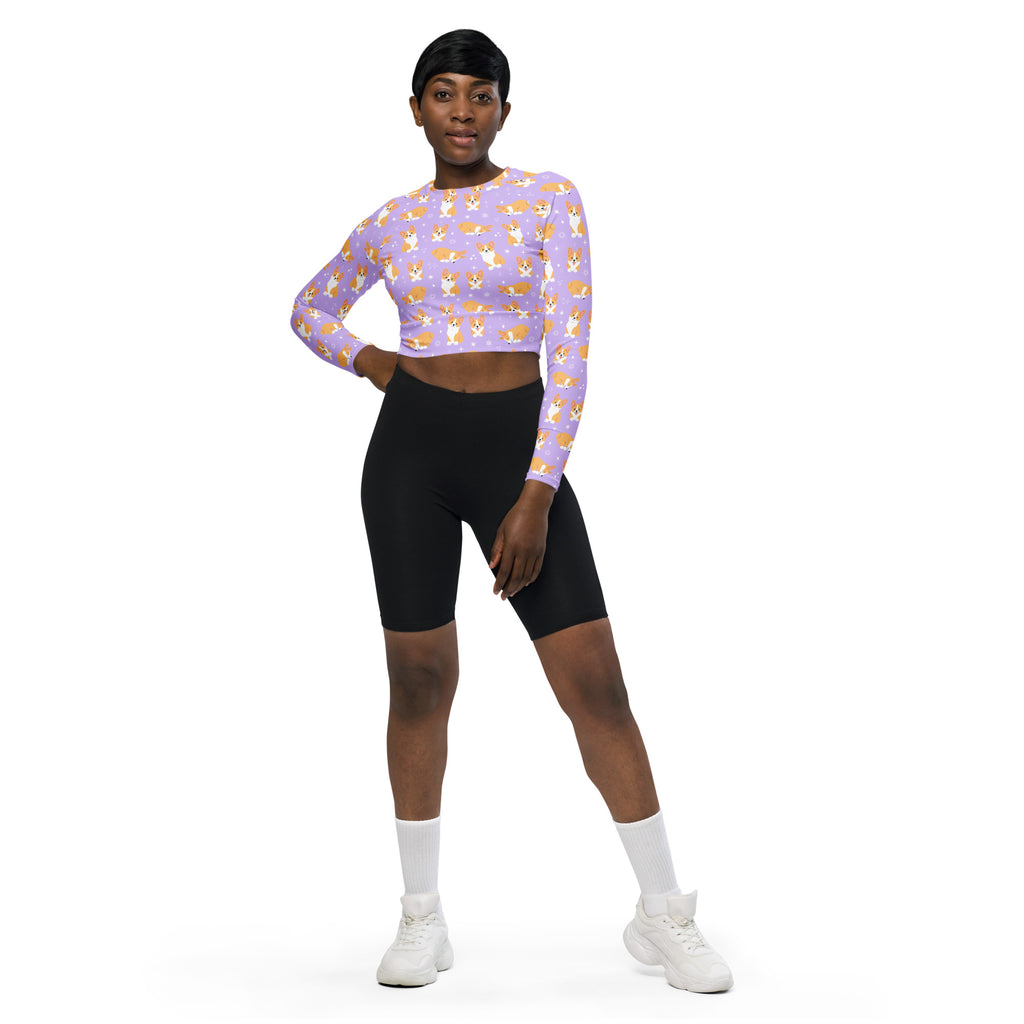 Women’s purple lavender long sleeve performance crop top with orange and white corgi dog pattern