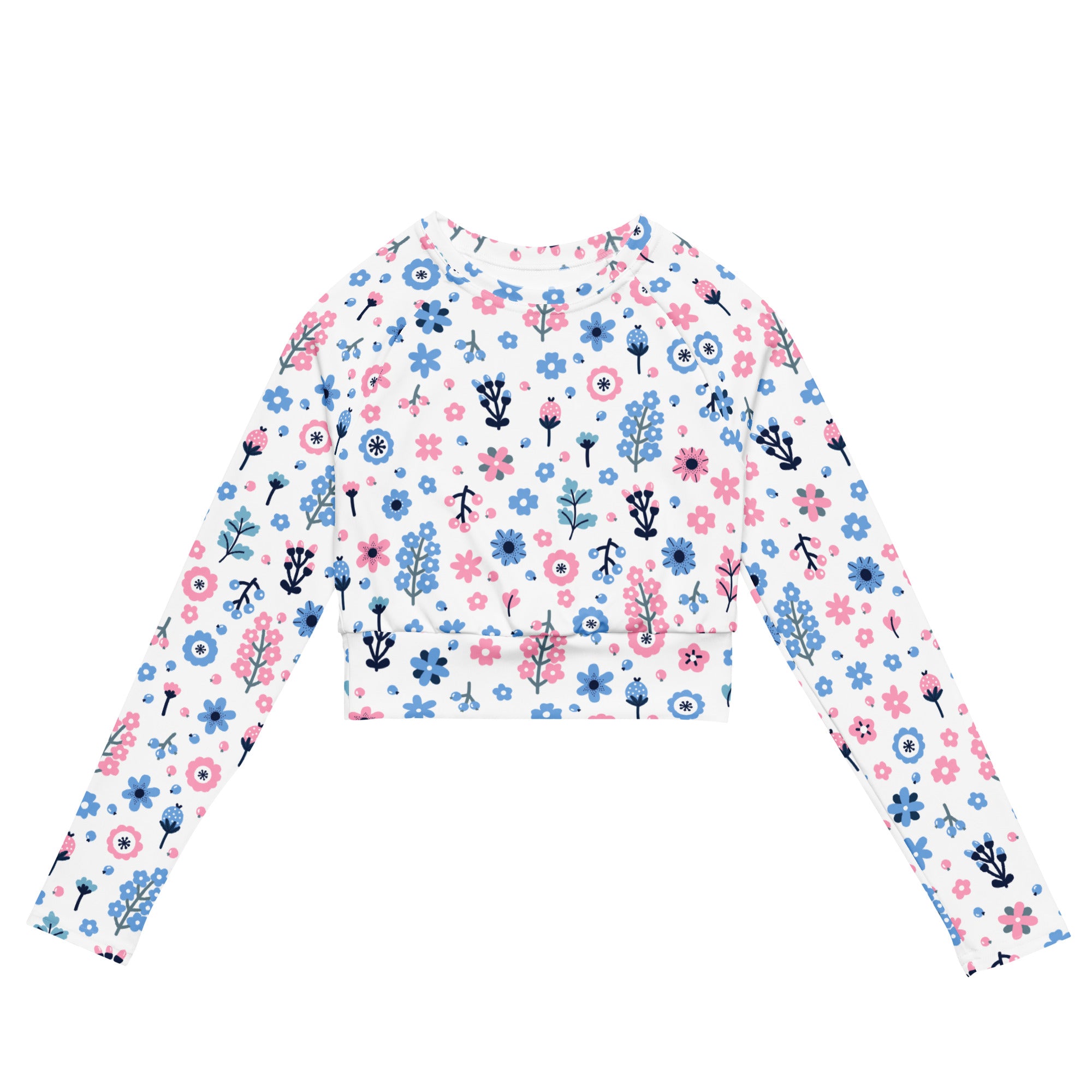 Women’s pastel floral print long sleeve white crop top with pink and blue flowers and green stems for performance wear