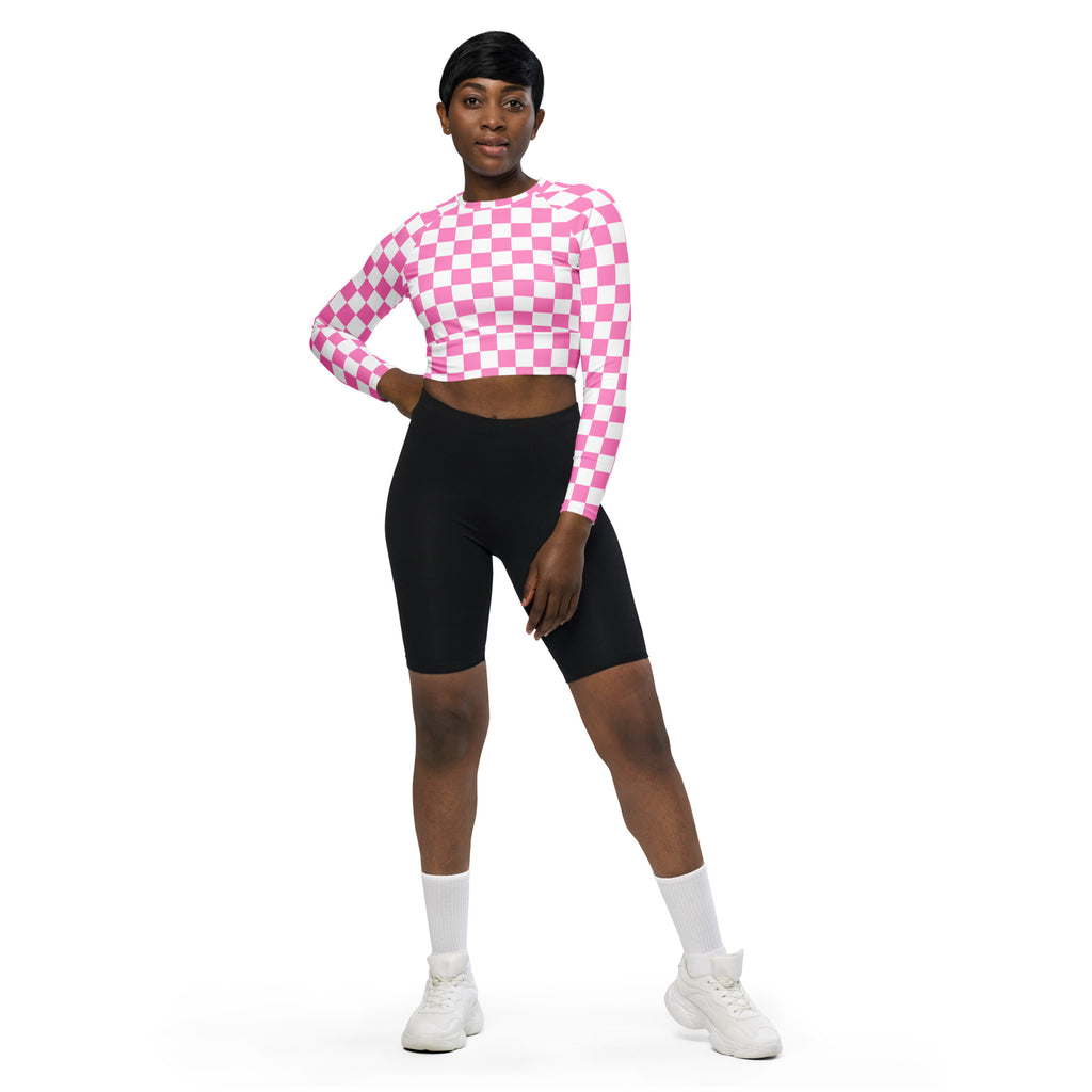 Women's Pink Checkerboard Long Sleeve Performance Crop Top