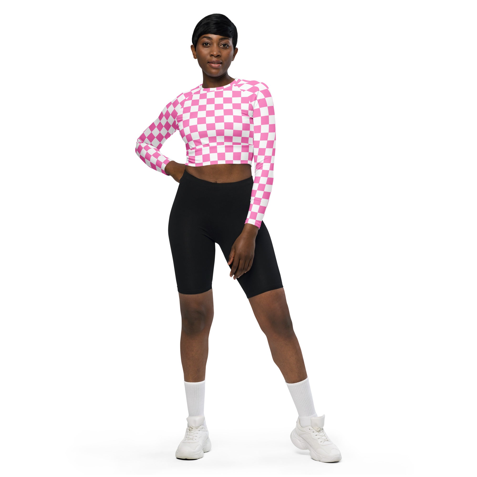 Women's Pink Checkerboard Long Sleeve Performance Crop Top