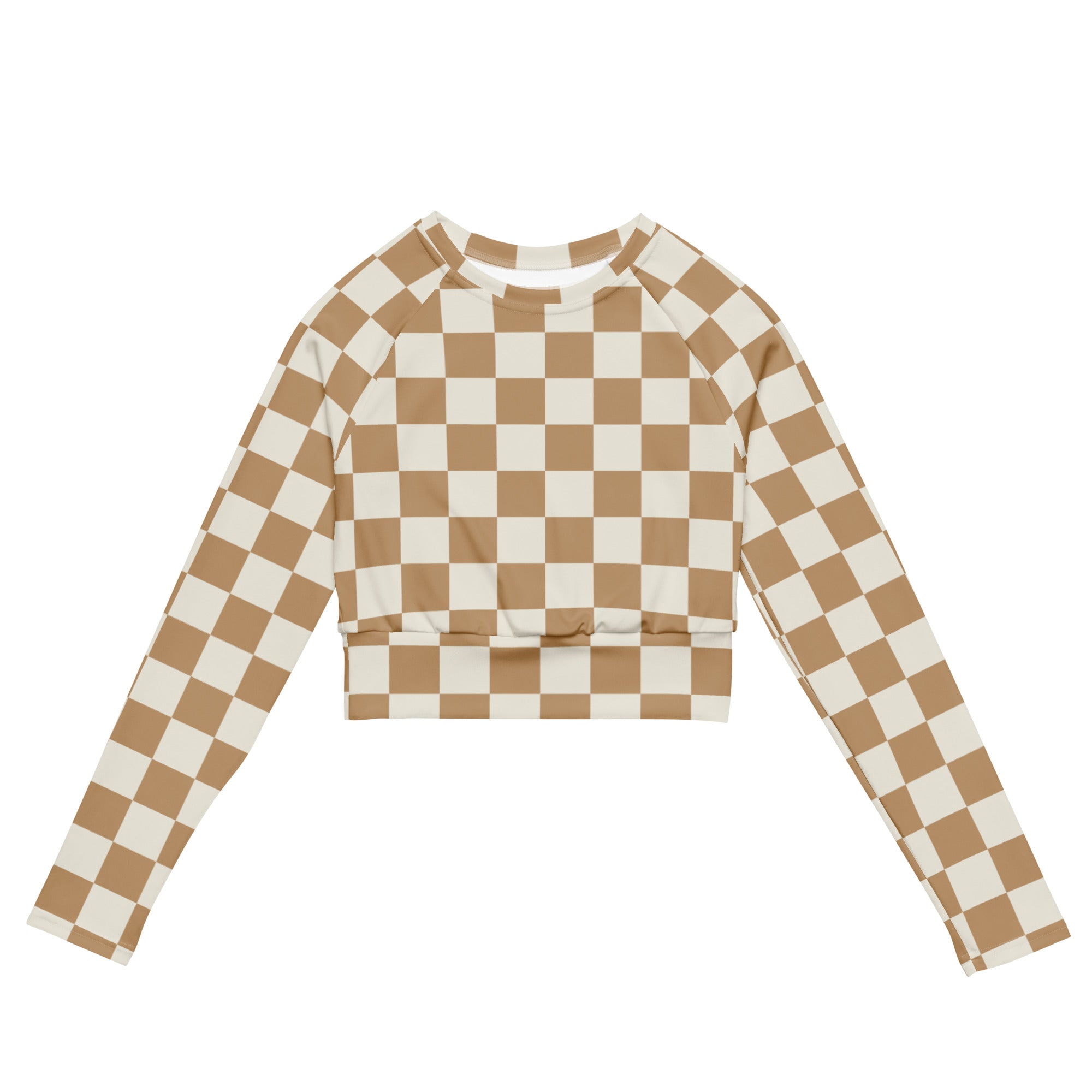 Women's Brown Checkerboard Long Sleeve Performance Crop Top
