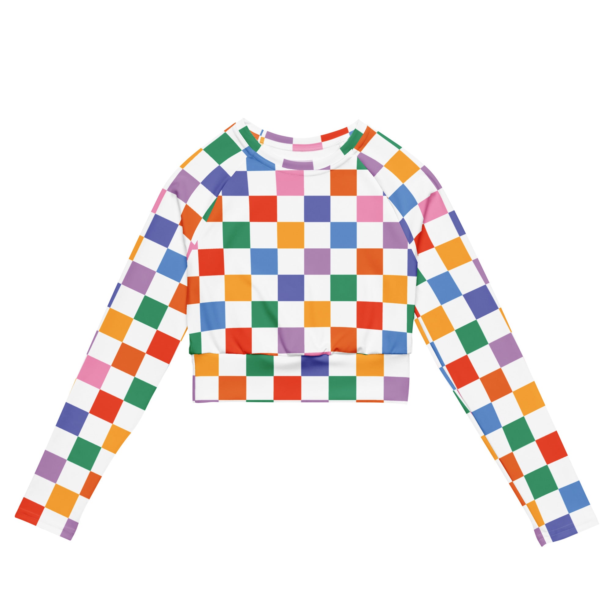 Women's Brown Checkerboard Long Sleeve Performance Crop Top