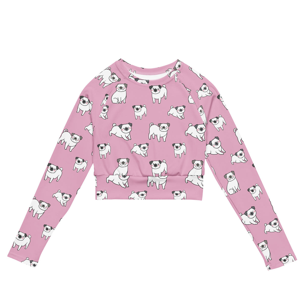 Women’s pink long sleeve performance crop top with playful white cartoon pug all over print