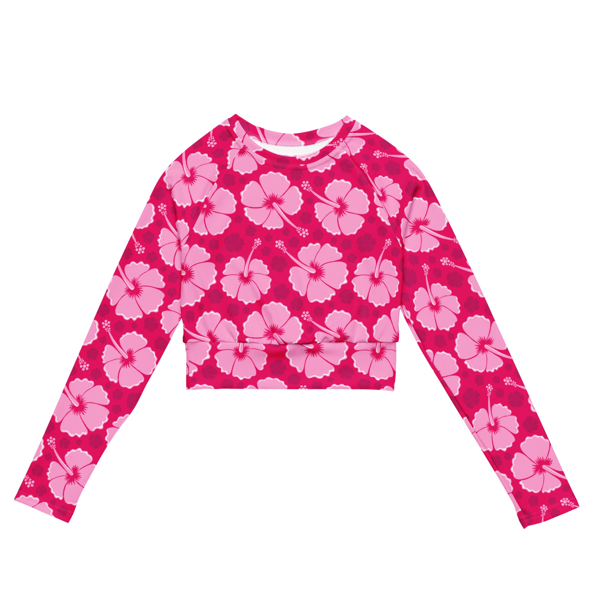 Women's Pink Hibiscus Long Sleeve Performance Crop Top