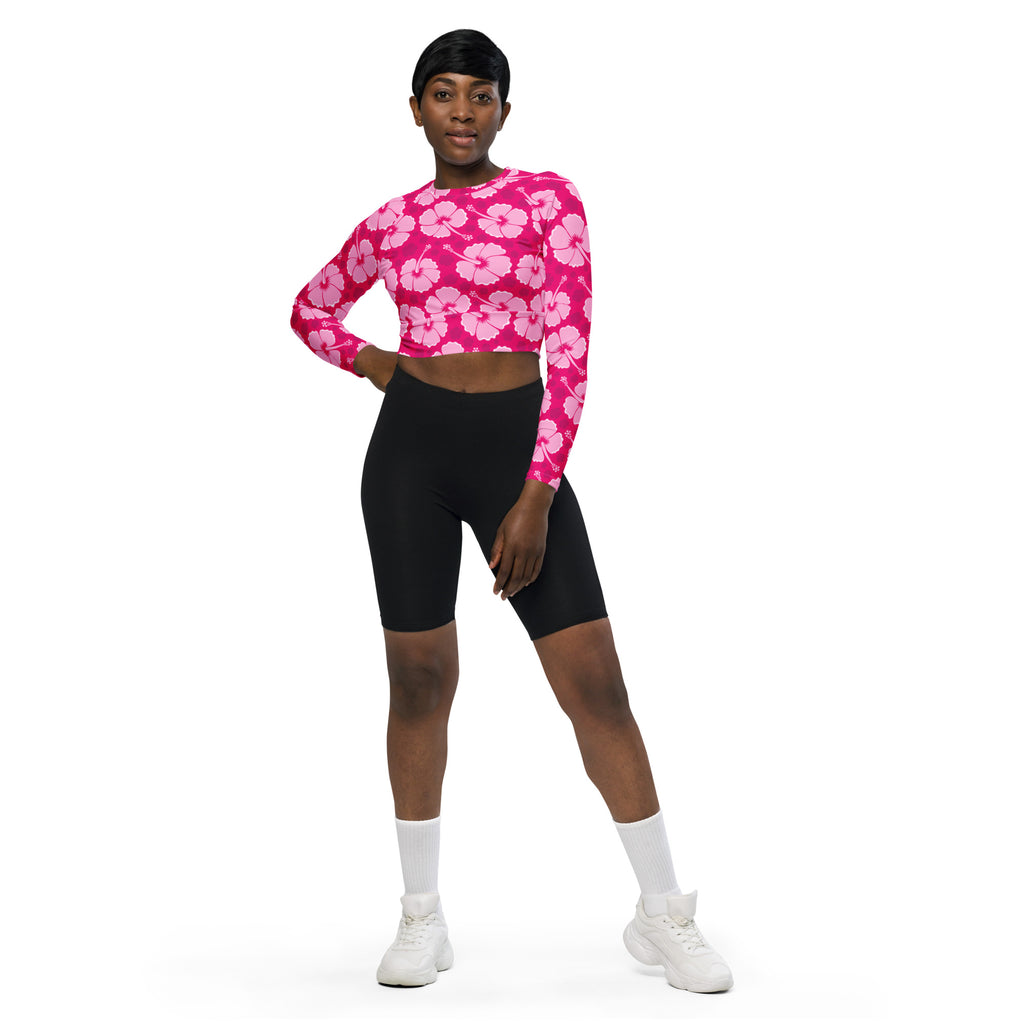 Women's Pink Hibiscus Long Sleeve Performance Crop Top