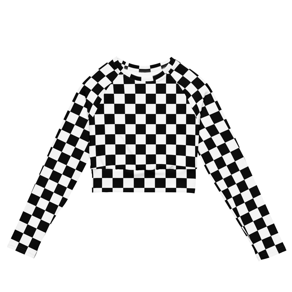 Women's Black & White Checkered Long Sleeve Performance Crop Top