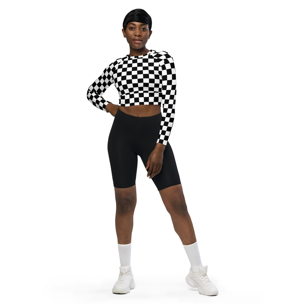 Women's Black & White Checkered Long Sleeve Performance Crop Top