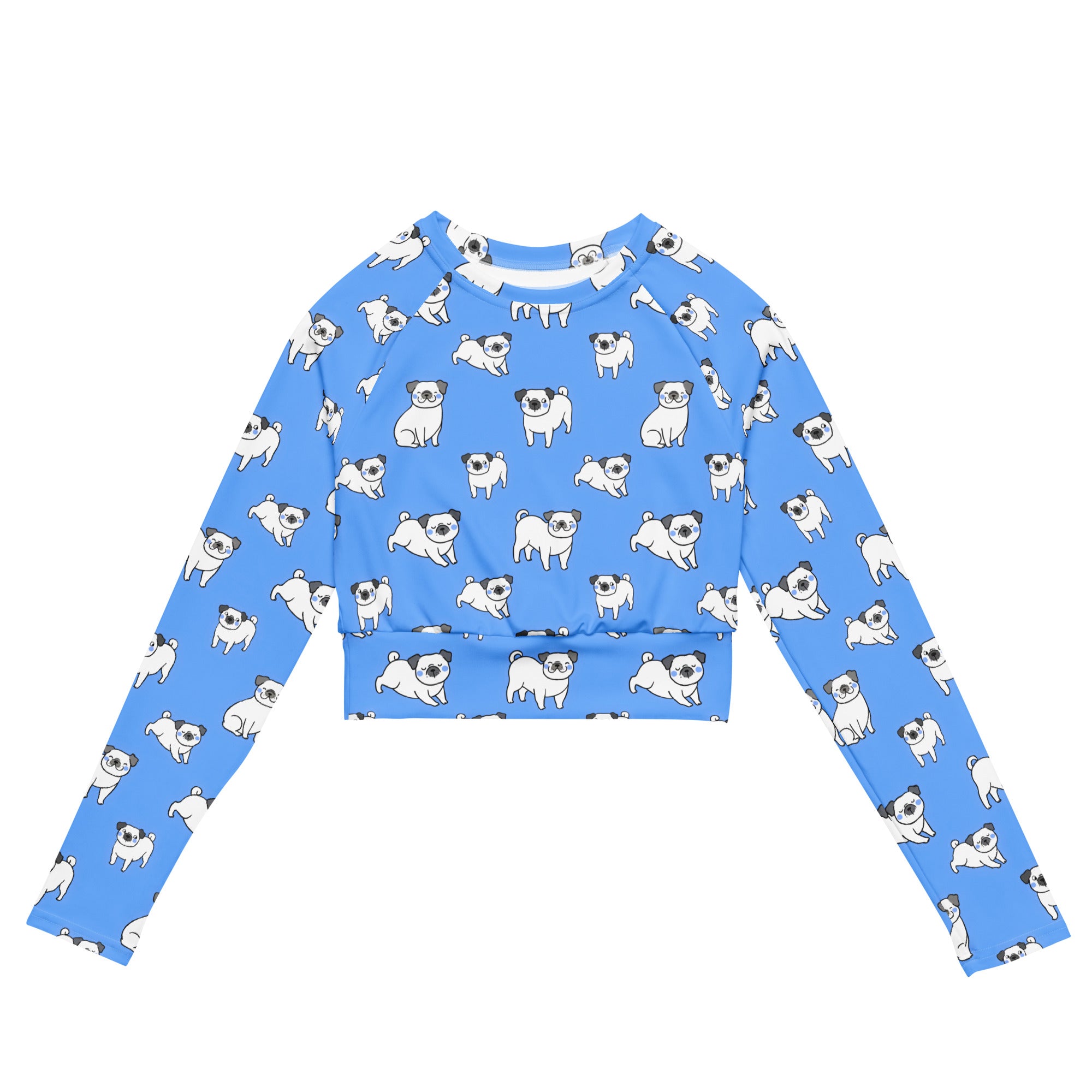 Women's Blue Pug Long Sleeve Performance Crop Top