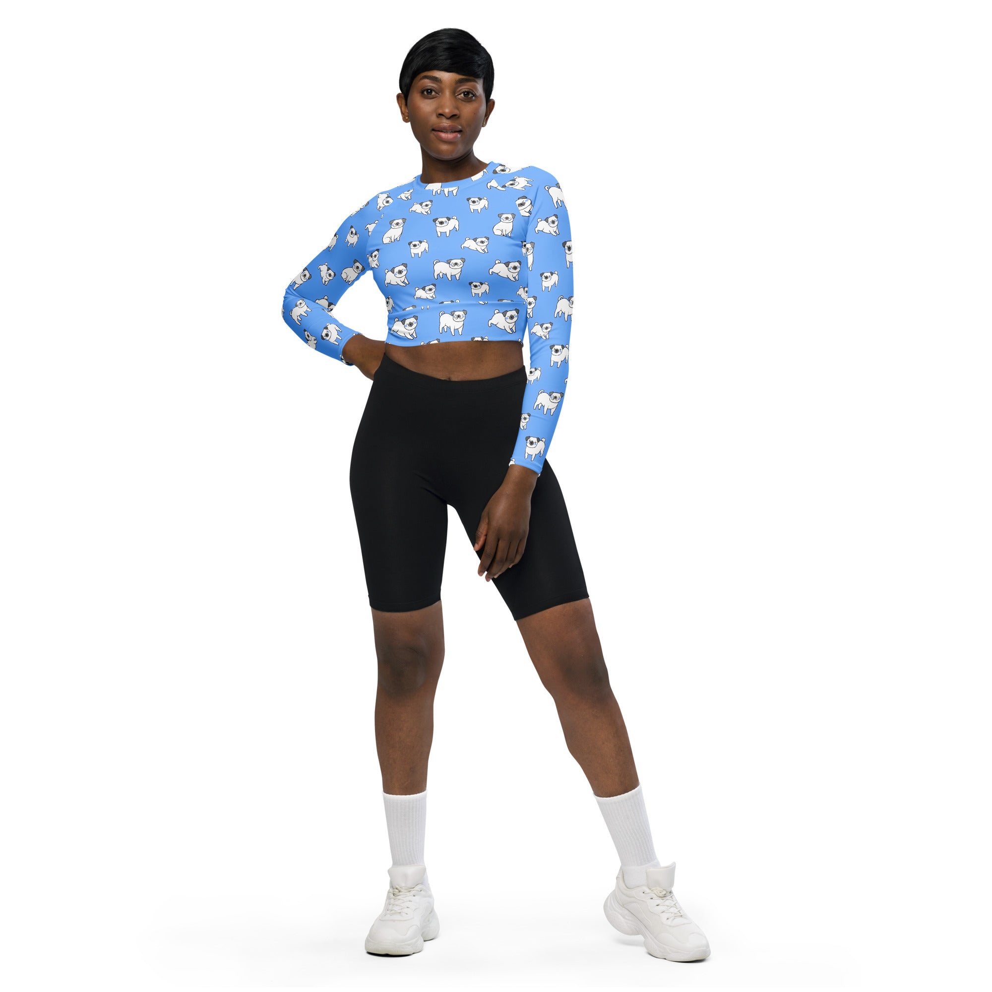 Women's Blue Pug Long Sleeve Performance Crop Top