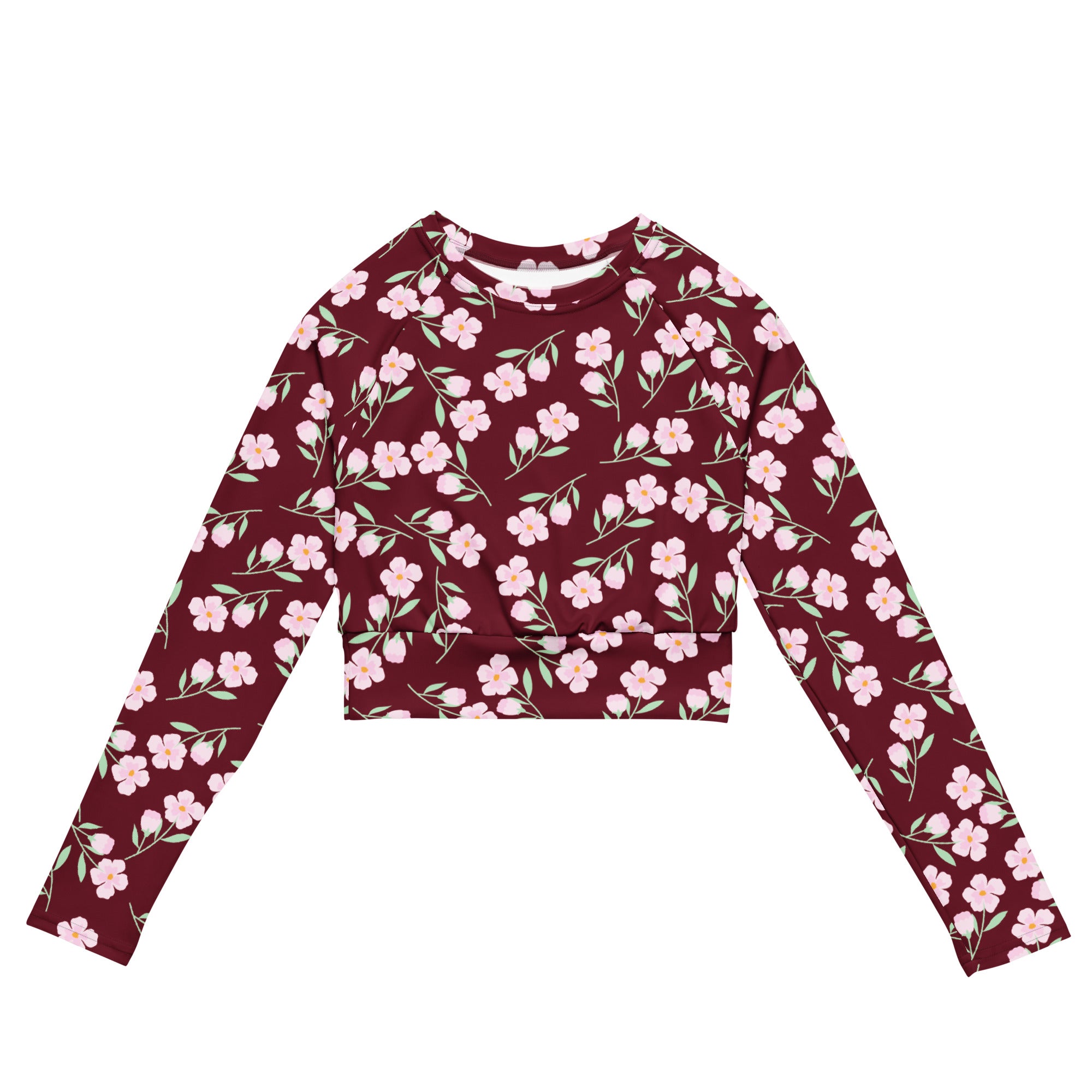 Women’s burgundy floral long sleeve performance crop top with delicate pink flowers and green stems pattern