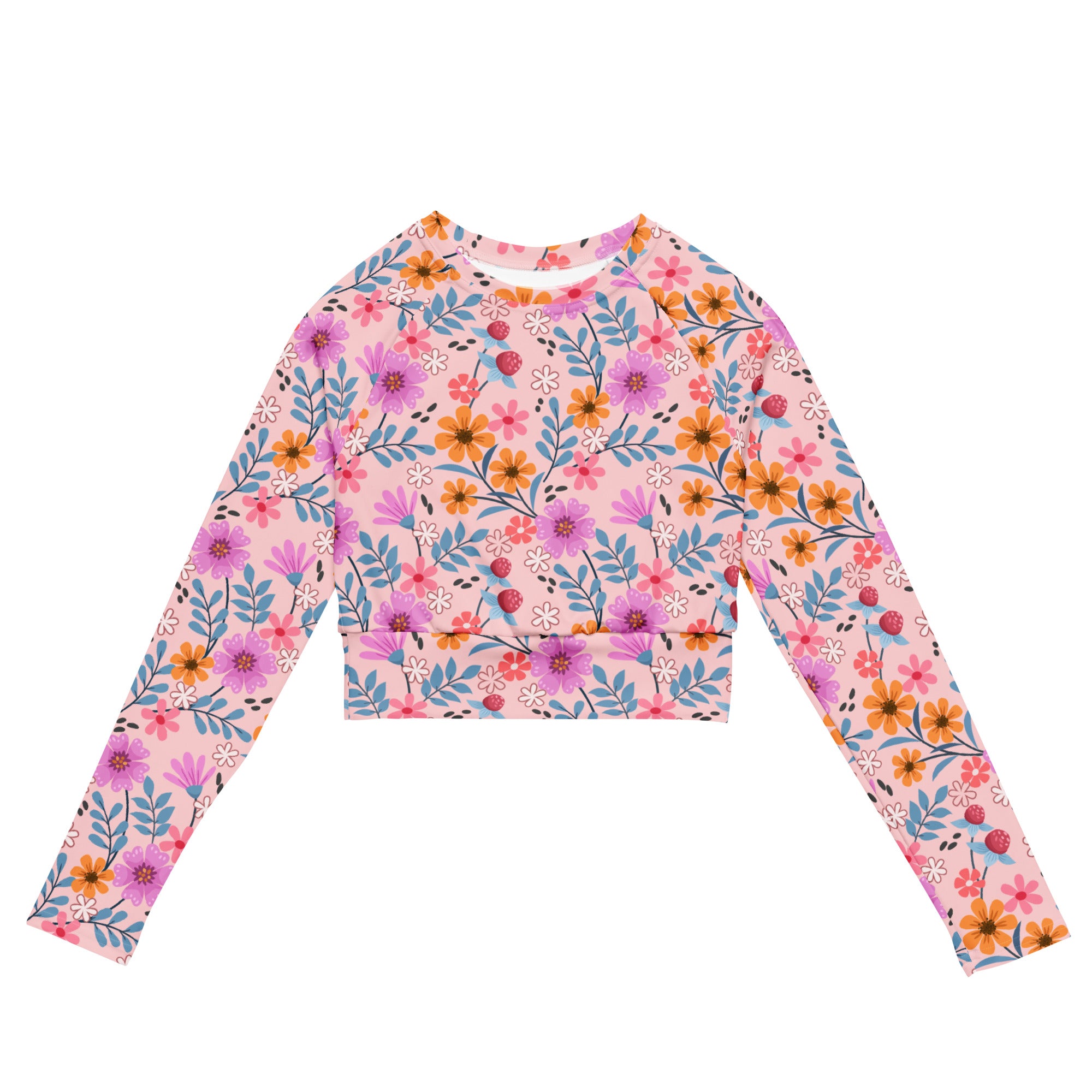 Women's Pink Floral Long Sleeve Performance Crop Top