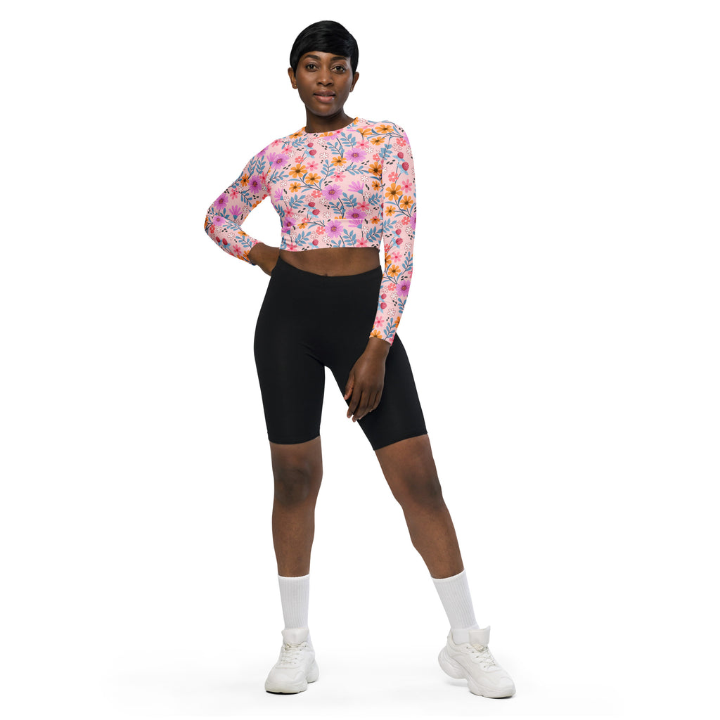 Women's Pink Floral Long Sleeve Performance Crop Top