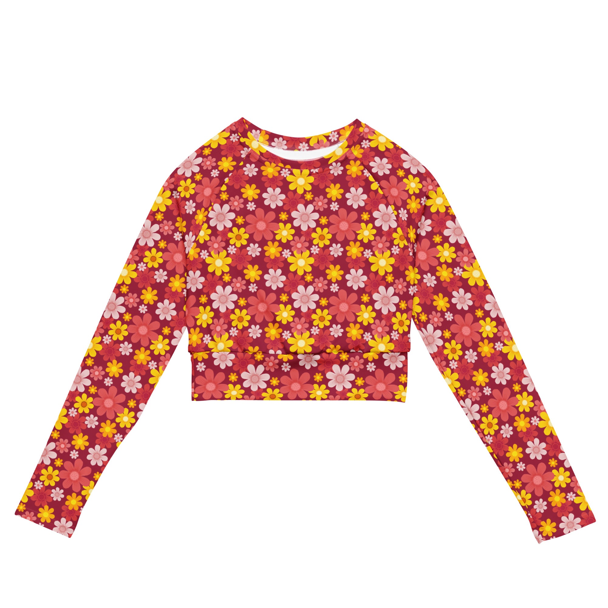 Women's Red Floral Long Sleeve Performance Crop Top