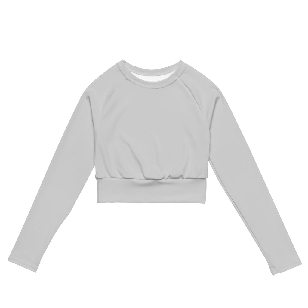 Women’s light gray long sleeve performance crop top with rounded neckline and elasticated waistband