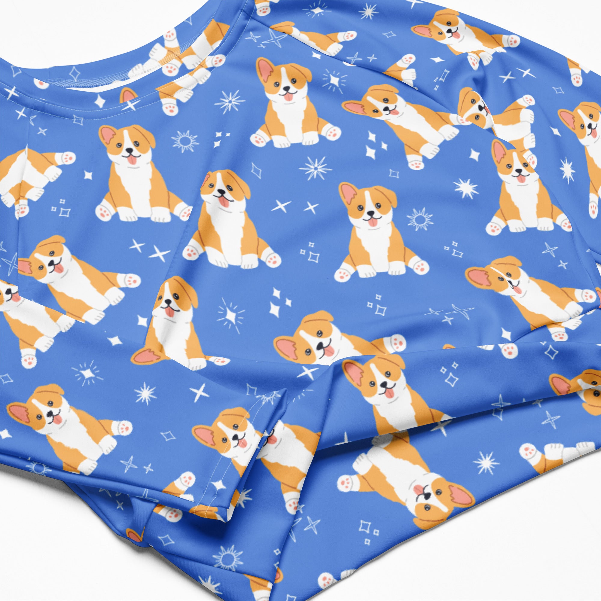 Women's Blue Corgi Dog Long Sleeve Performance Crop Top