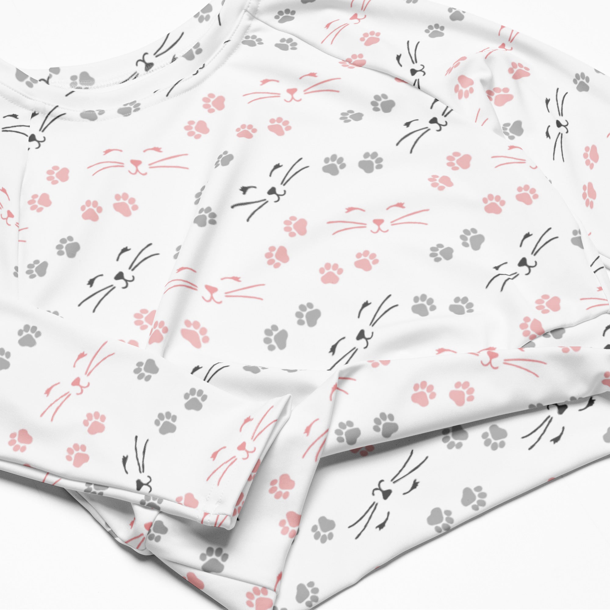 Women's Cat Whiskers & Paw Prints Long Sleeve Performance Crop Top