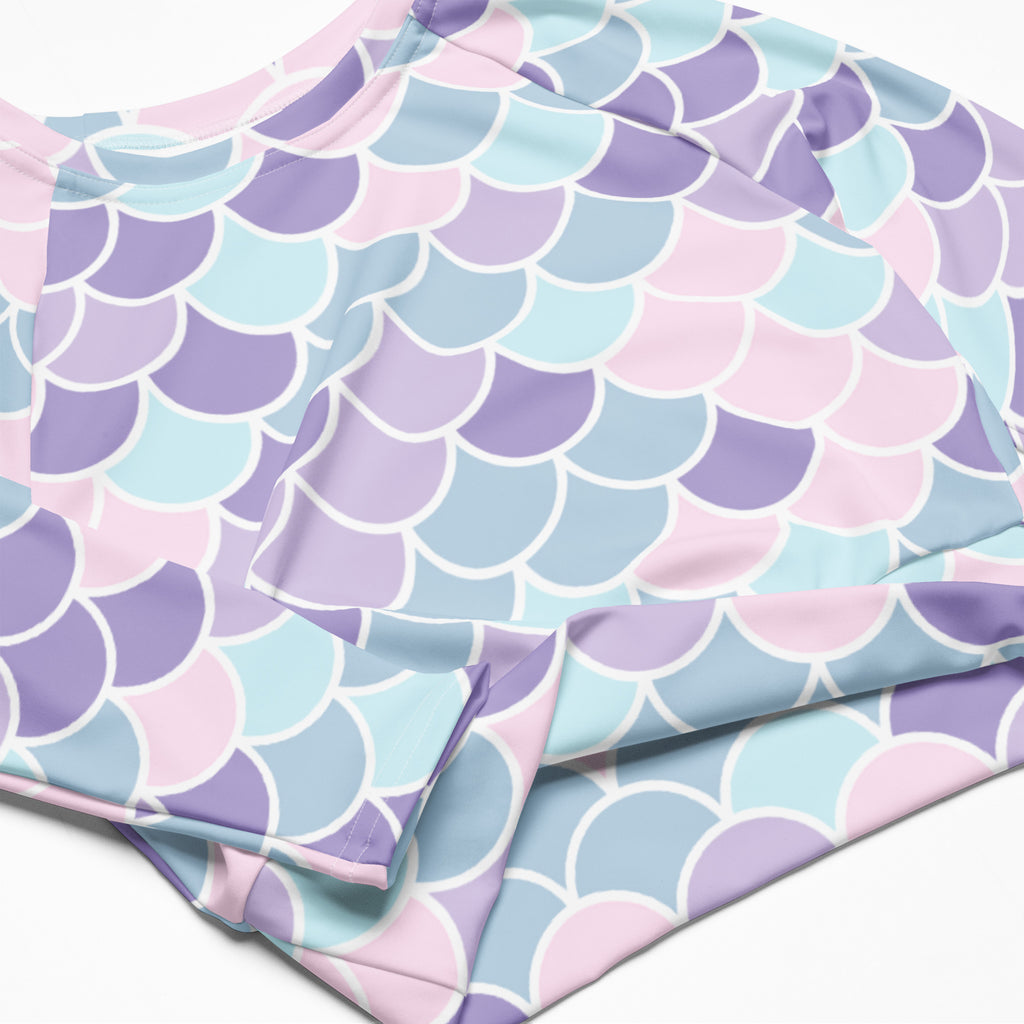 Women pastel mermaid scales long sleeve performance crop top in soft lavender light blue and pink pastel hues
