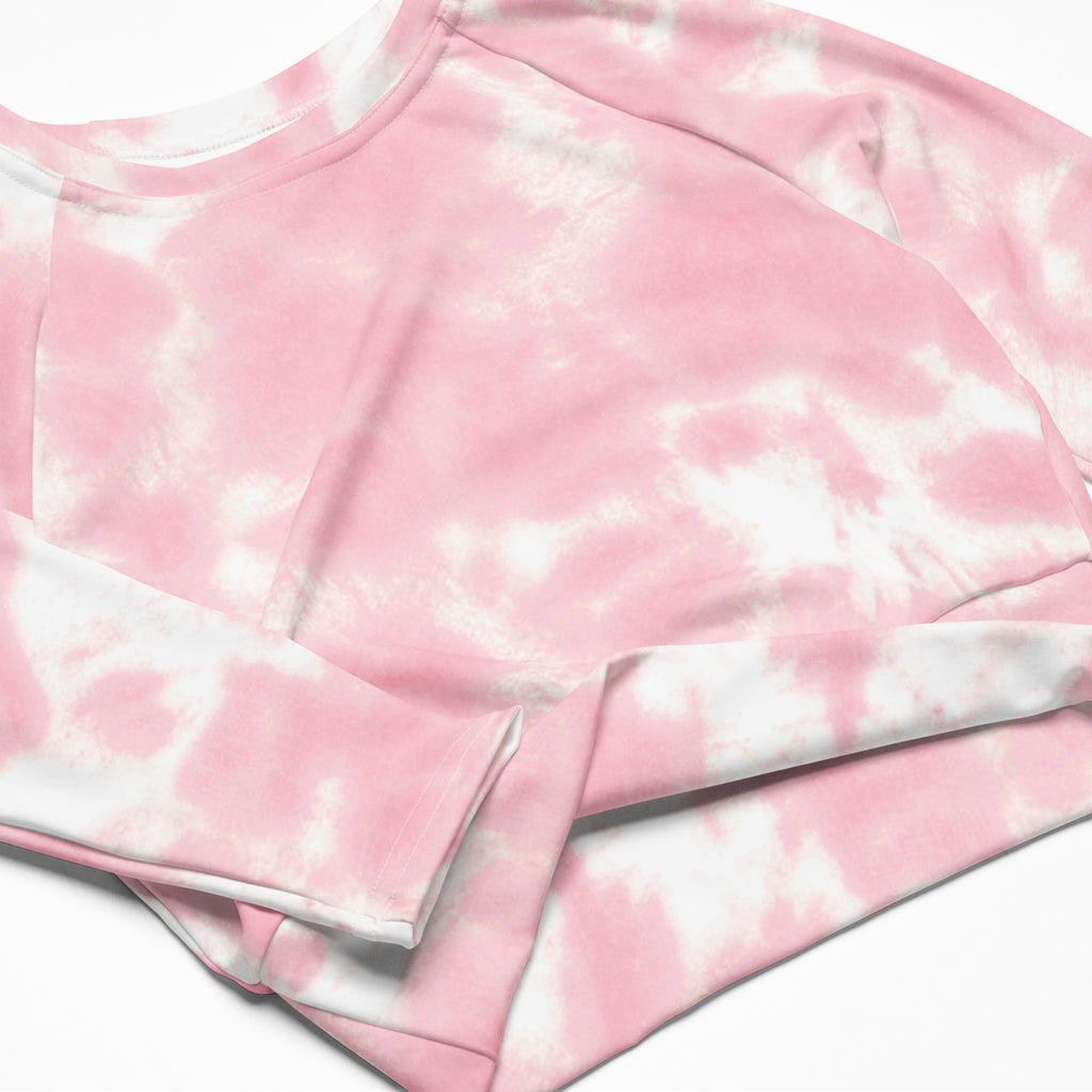 Women’s pink and white tie dye long sleeve performance crop top with soft fabric and relaxed fit