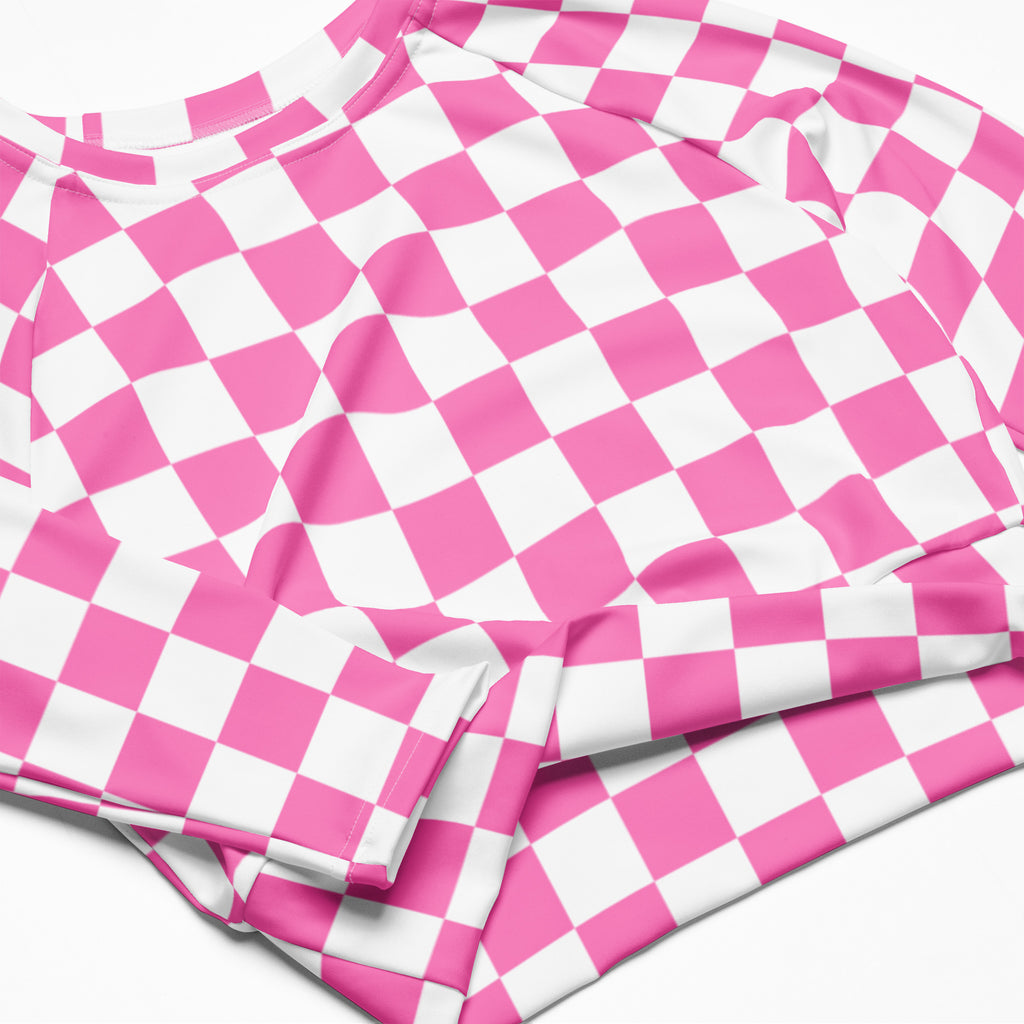 Women's Pink Checkerboard Long Sleeve Performance Crop Top