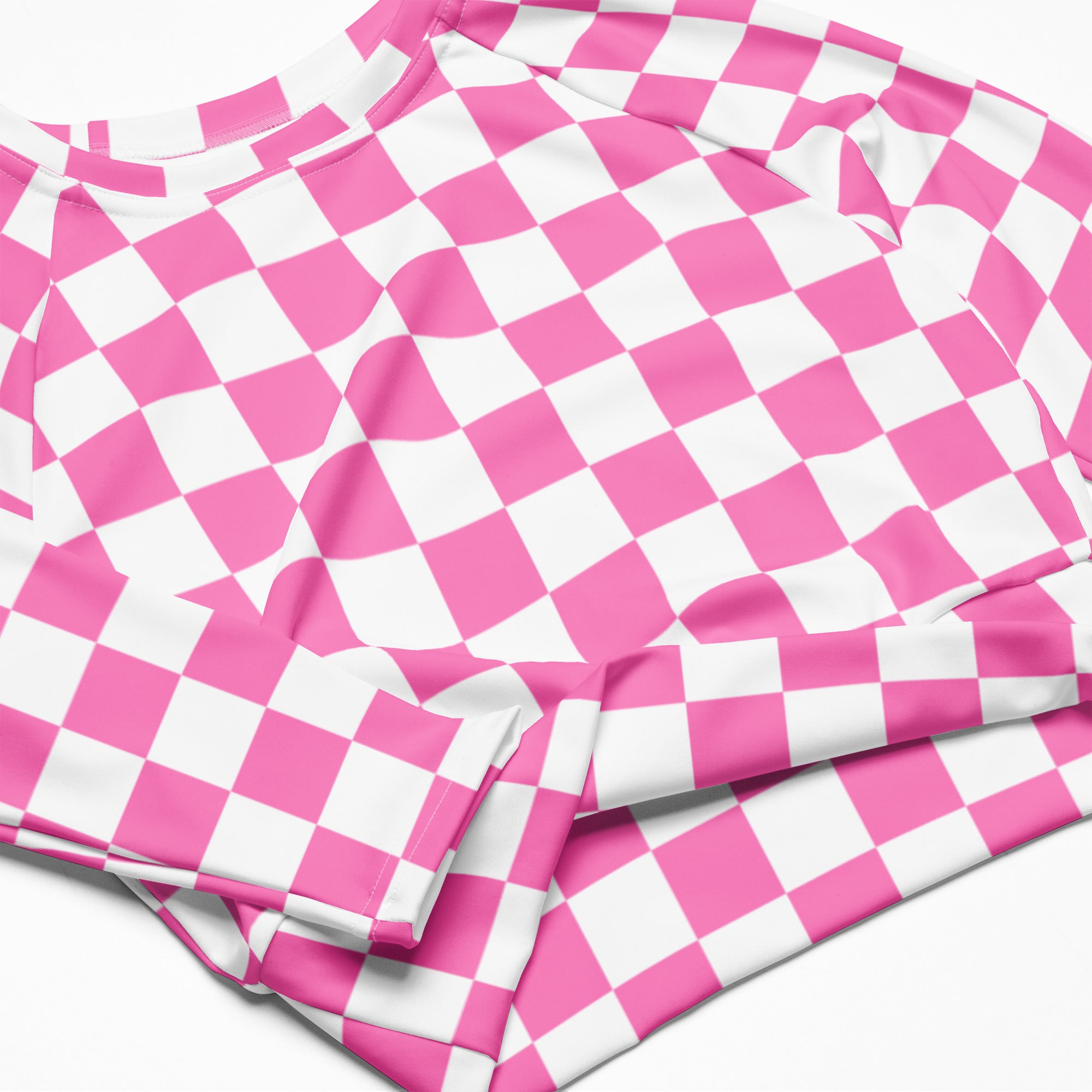 Women's Pink Checkerboard Long Sleeve Performance Crop Top