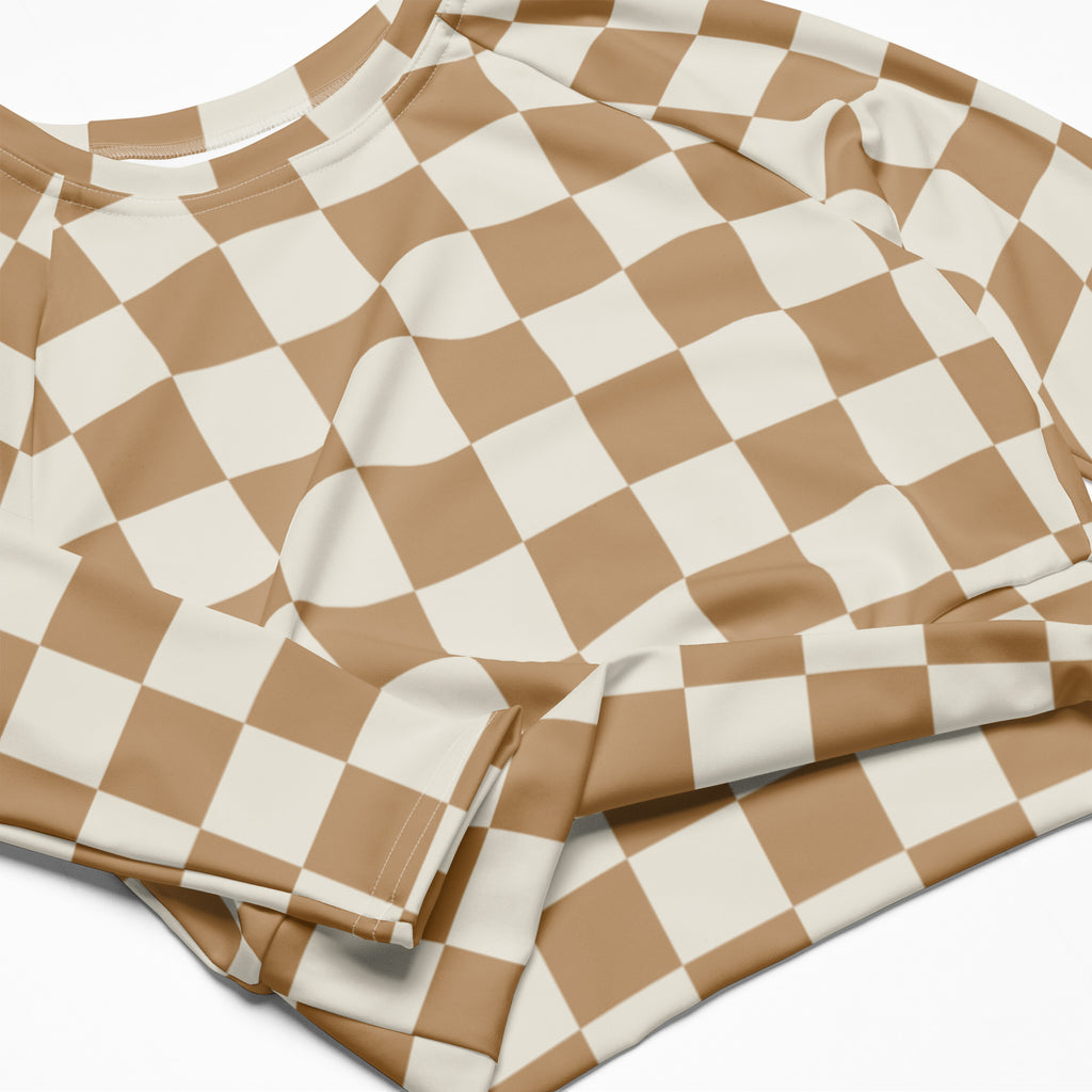 Women's Brown Checkerboard Long Sleeve Performance Crop Top
