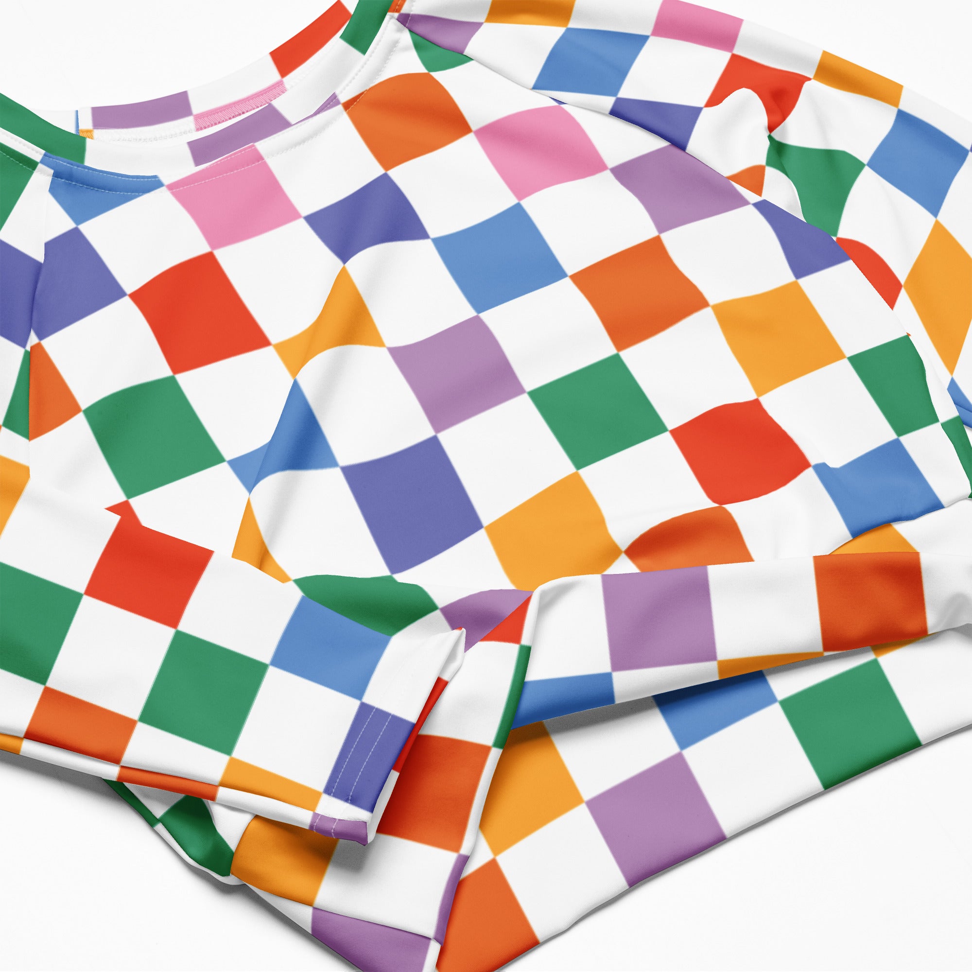 Women's Rainbow Checkerboard Long Sleeve Performance Crop Top