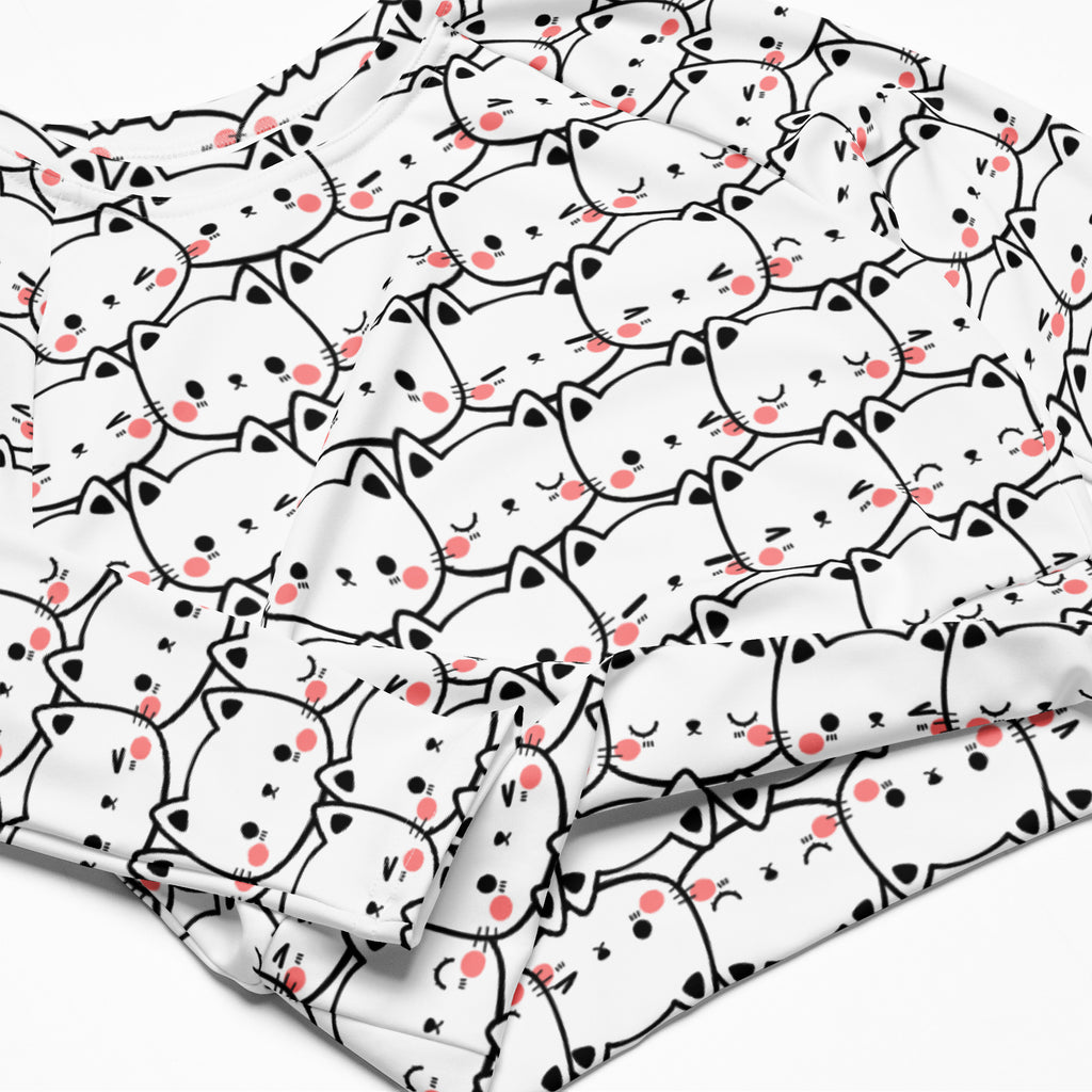 Women's White Cat Long Sleeve Performance Crop Top