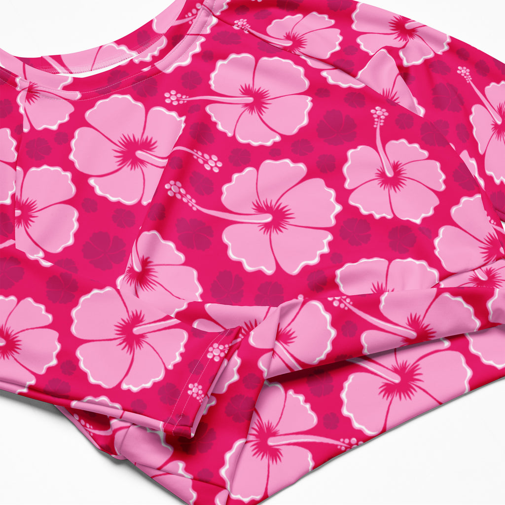 Women's Pink Hibiscus Long Sleeve Performance Crop Top