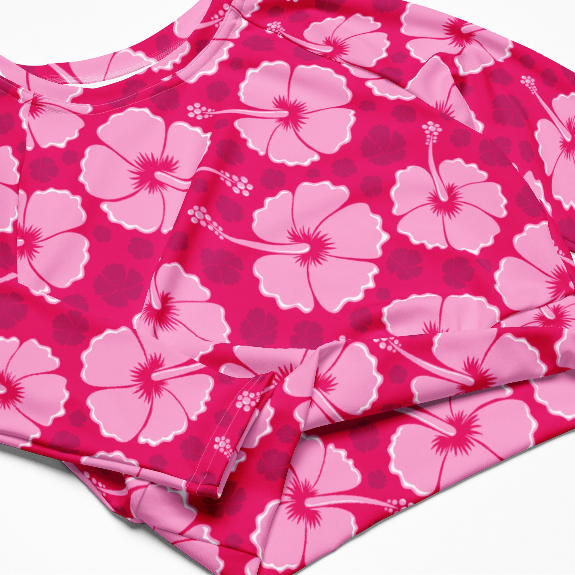 Women's Pink Hibiscus Long Sleeve Performance Crop Top