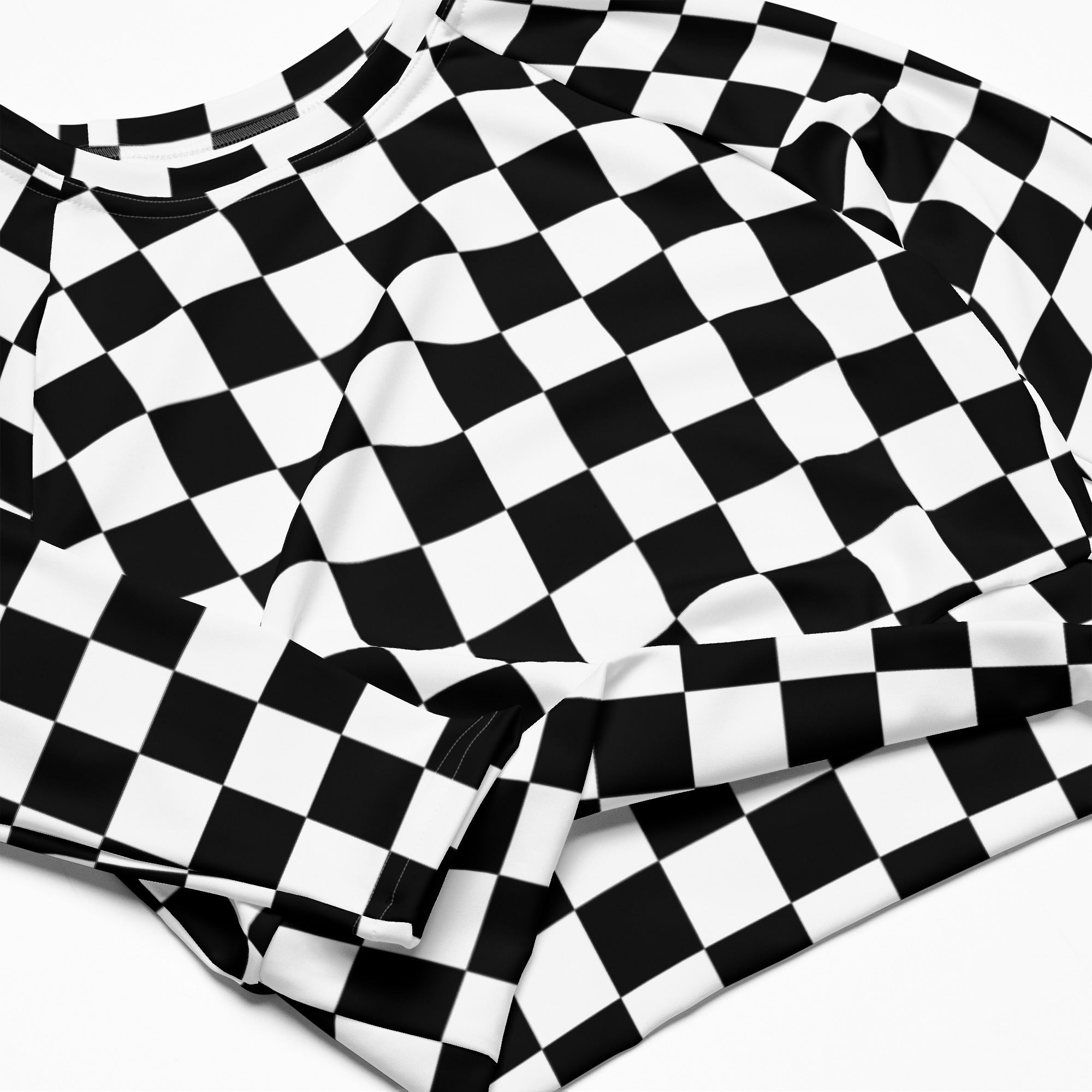Women's Black & White Checkered Long Sleeve Performance Crop Top
