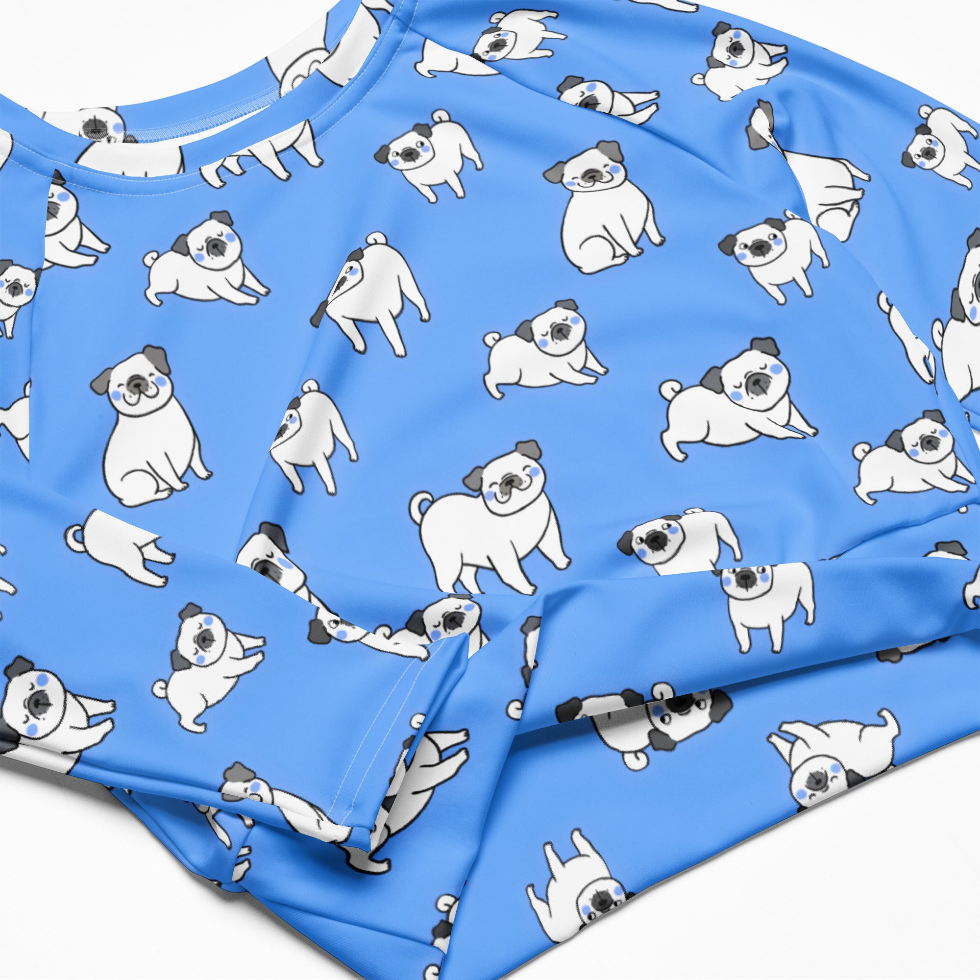 Women's Blue Pug Long Sleeve Performance Crop Top