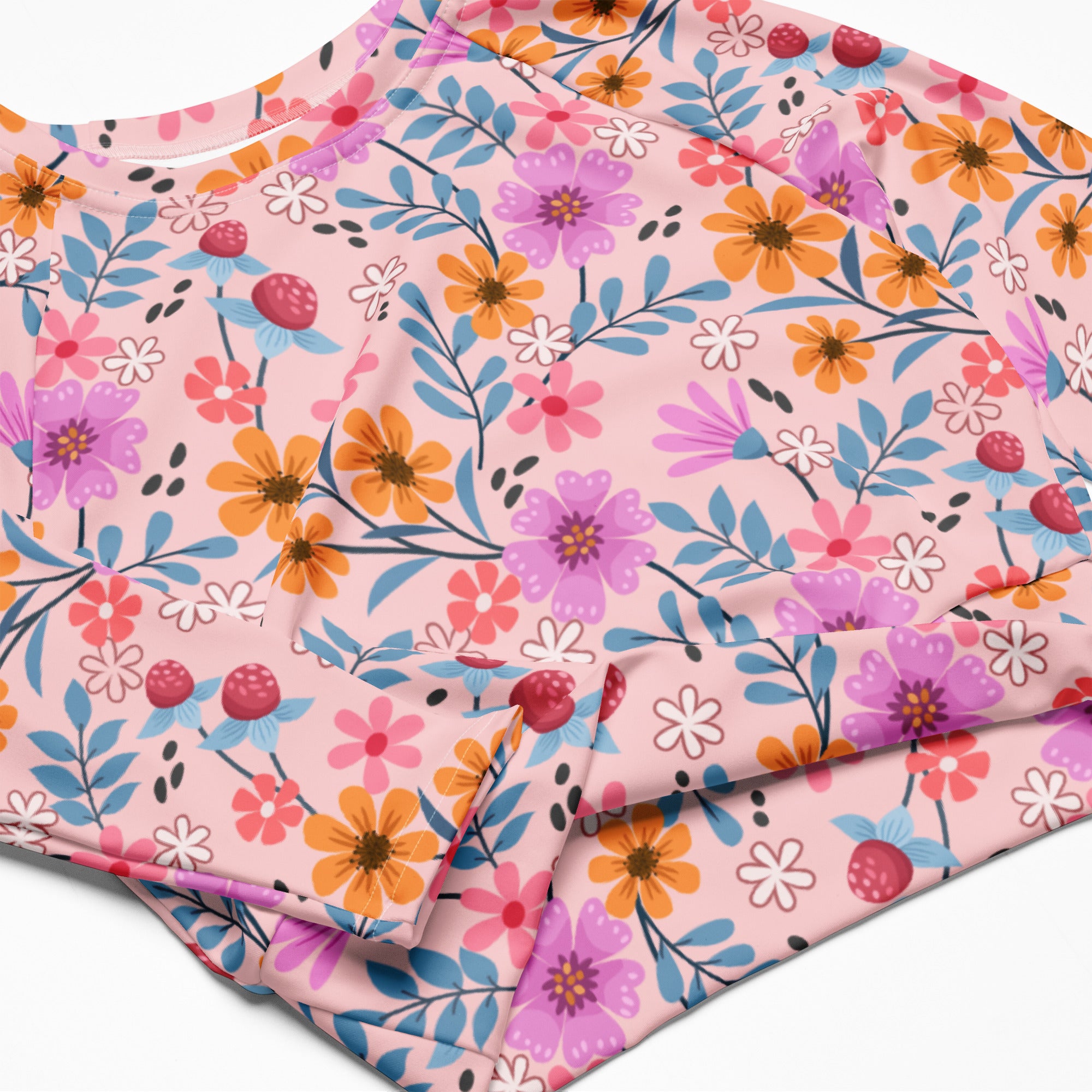 Women's Pink Floral Long Sleeve Performance Crop Top