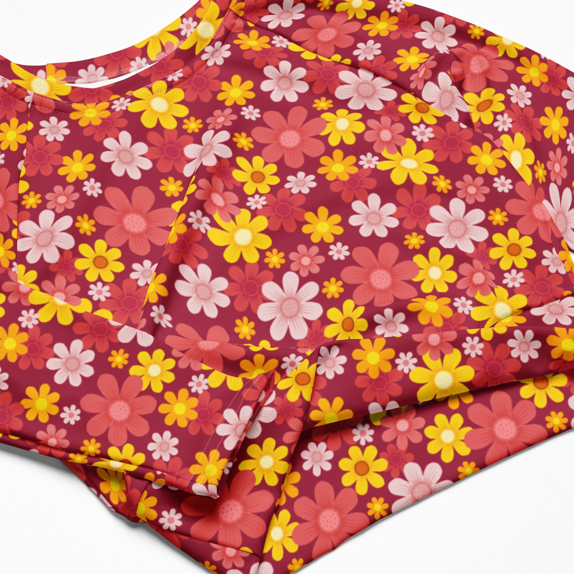 Women's Red Floral Long Sleeve Performance Crop Top