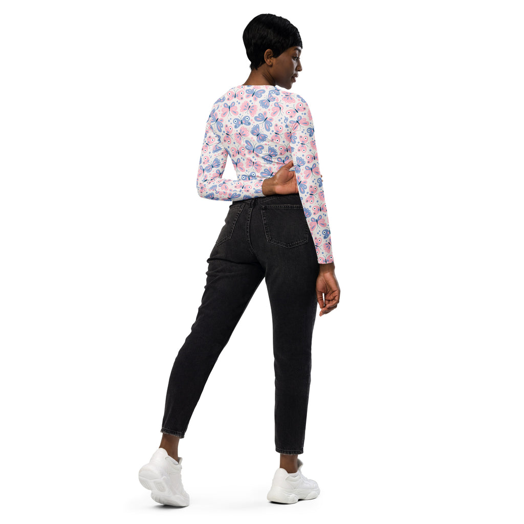 Women's Butterfly Print Long Sleeve Performance Crop Top