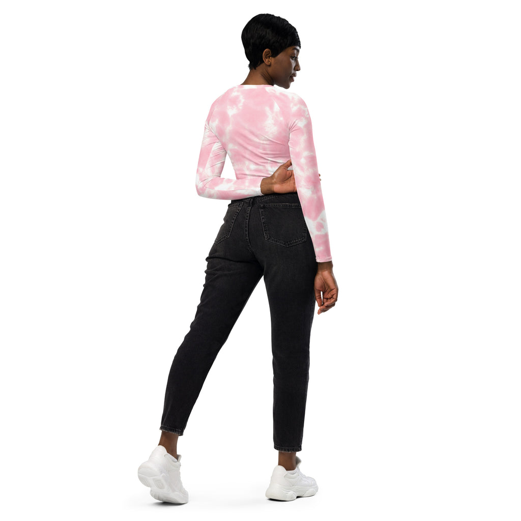 Women’s pink and white tie dye long sleeve crop top made of soft performance fabric for active wear
