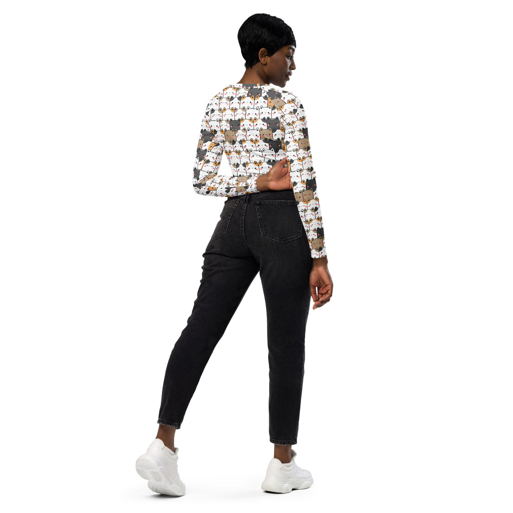 Women’s kawaii cat face long sleeve performance crop top with colorful cartoon cat pattern on light background