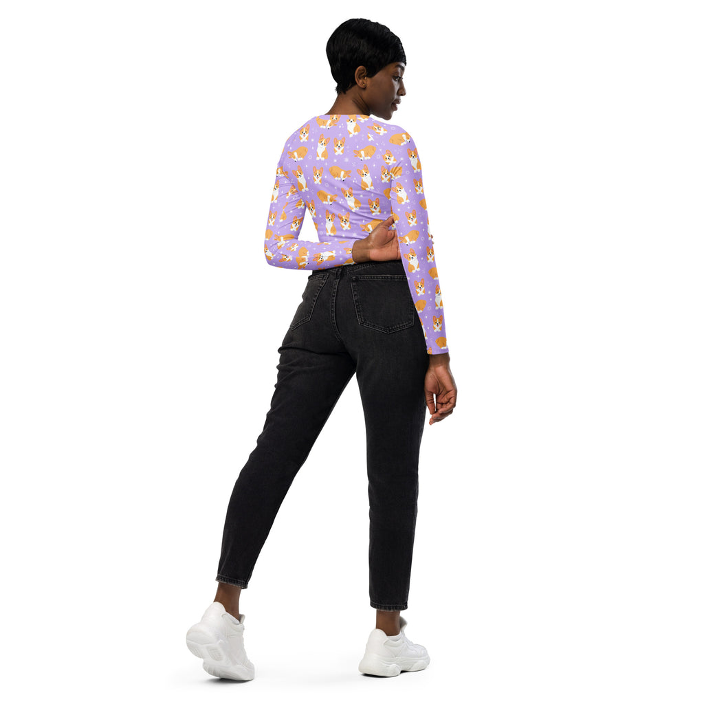 Women’s purple corgi dog long sleeve performance crop top with lavender fabric and orange white corgi pattern