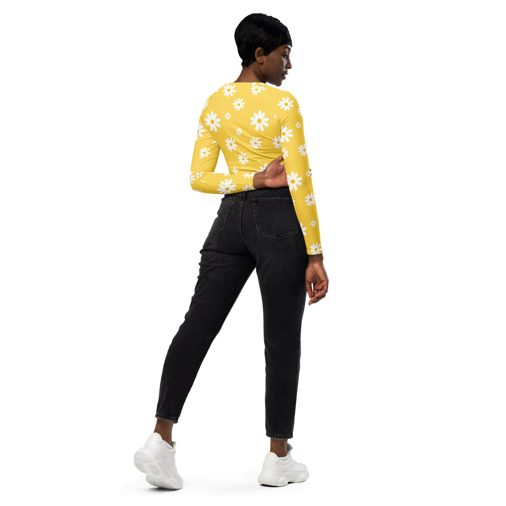 Women's Yellow Daisy Long Sleeve Performance Crop Top