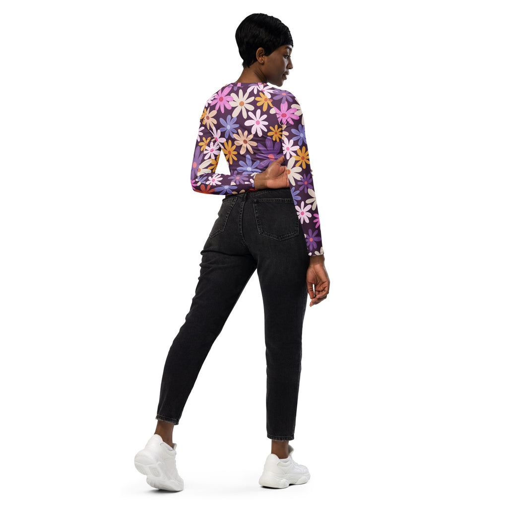 Women’s purple floral long sleeve performance crop top sheer fabric vibrant floral pattern on dark background