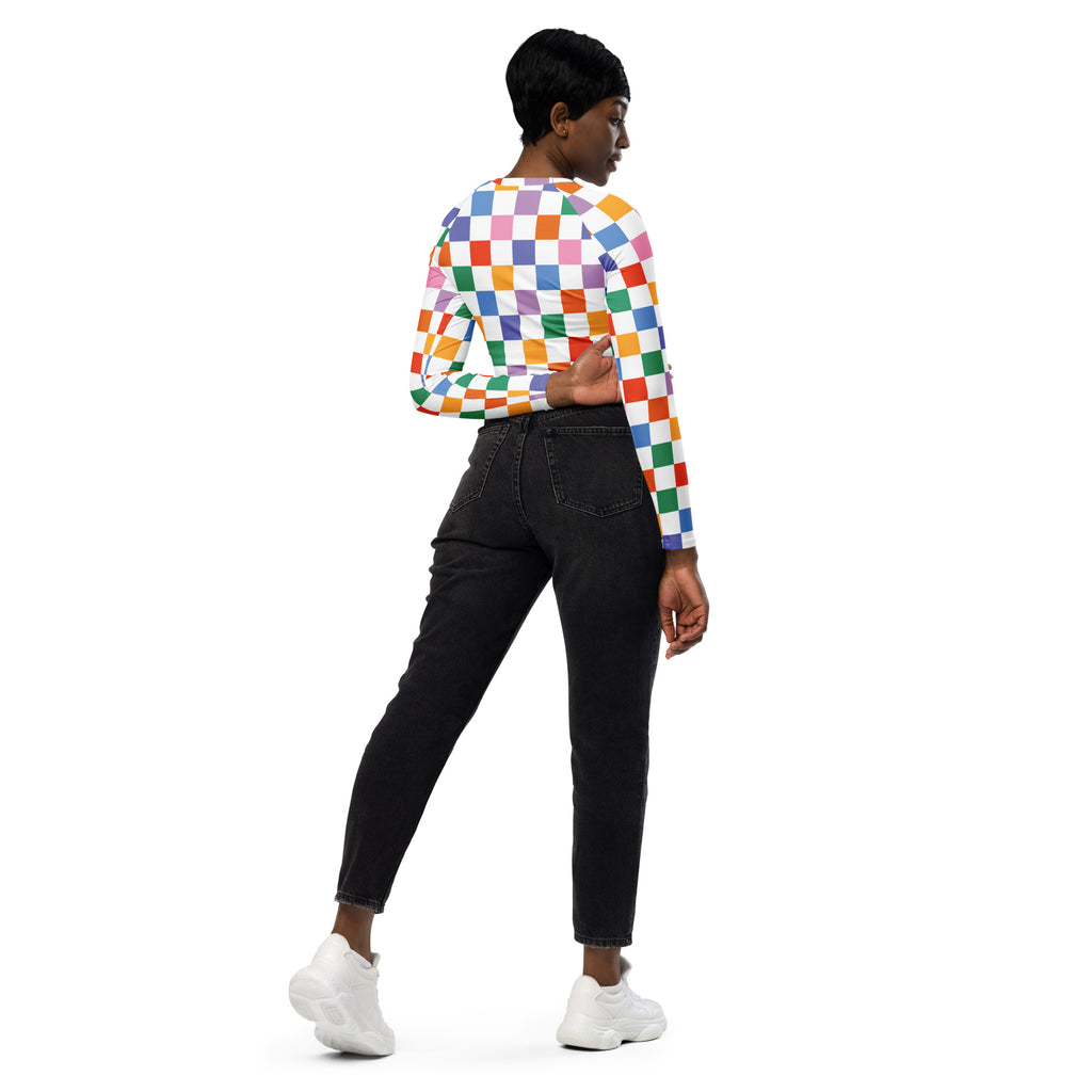Women's Brown Checkerboard Long Sleeve Performance Crop Top