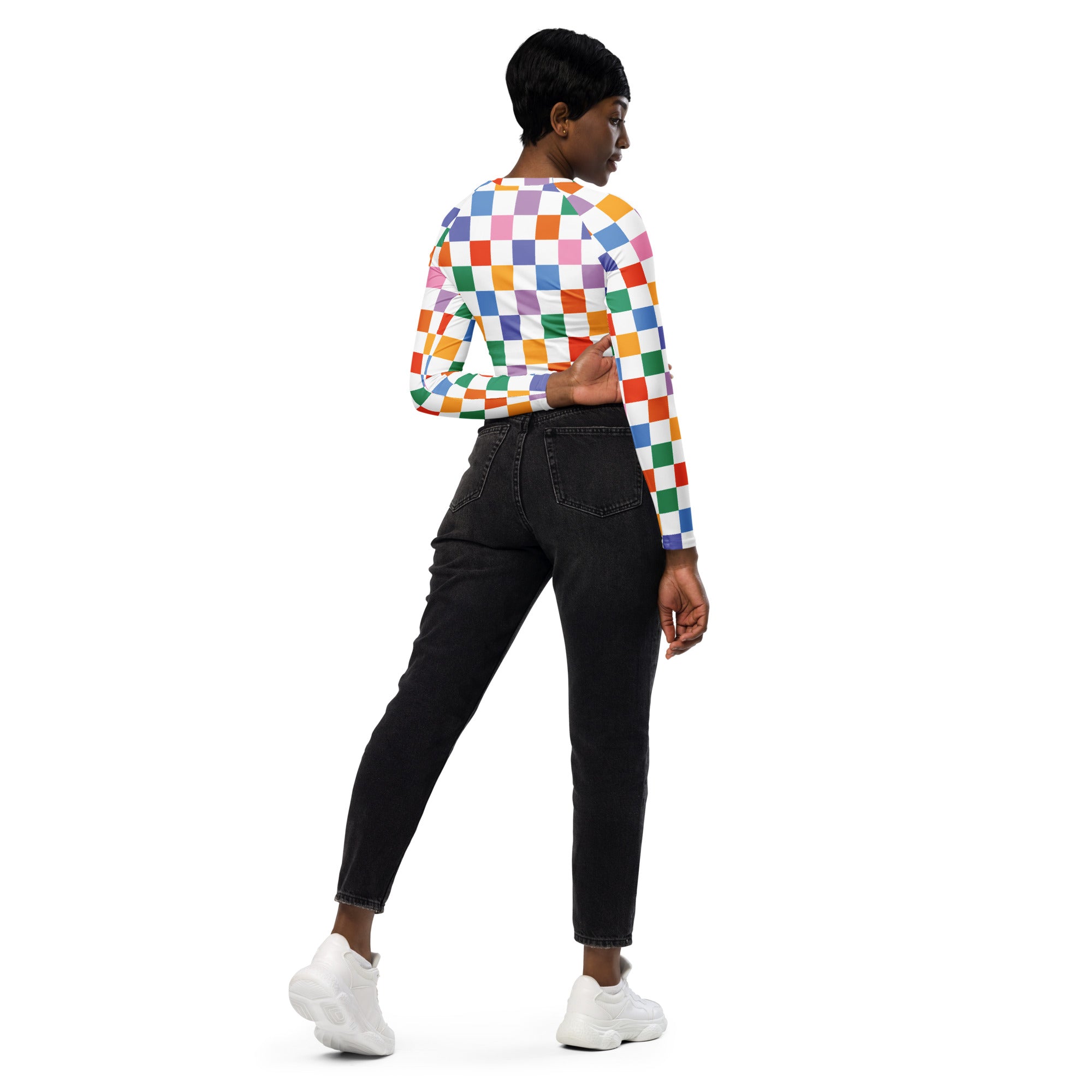 Women's Brown Checkerboard Long Sleeve Performance Crop Top