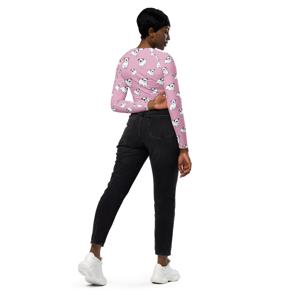 Women’s pink long sleeve performance crop top with white pug dog pattern for activewear and casual wear