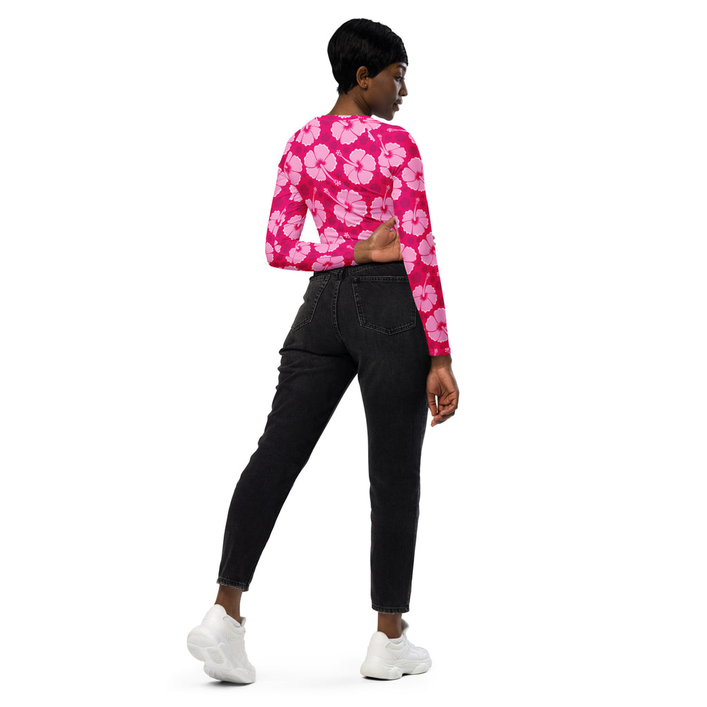 Women's Pink Hibiscus Long Sleeve Performance Crop Top