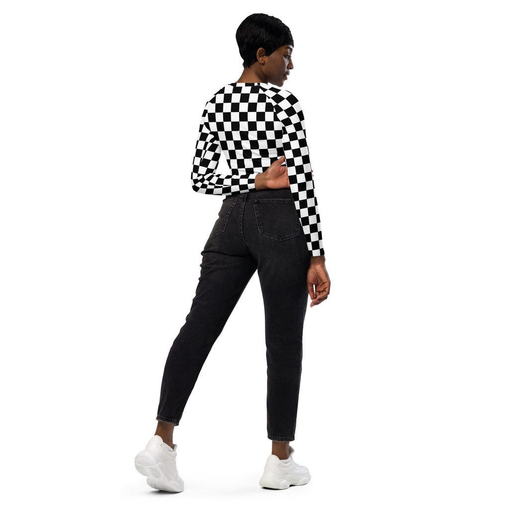 Women's Black & White Checkered Long Sleeve Performance Crop Top